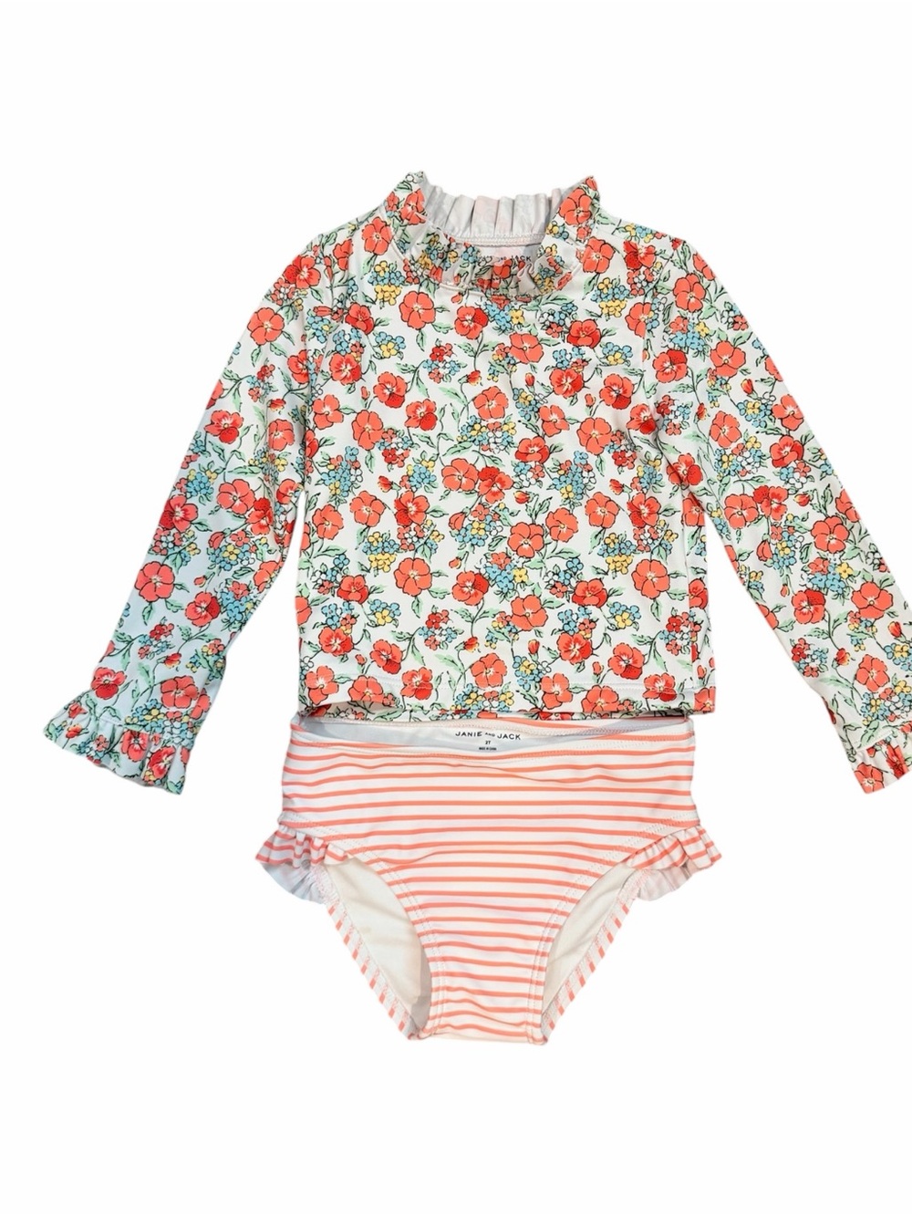 Janie and Jack Coral Floral Long-Sleeve Rashguard with Striped Bottoms